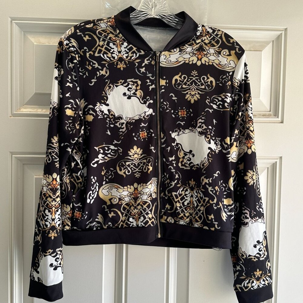 Womens Baroque Print Fashion Pants & Jacket Set Black & Gold Size M